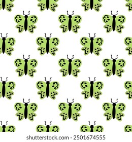 Seamless Pattern with green butterfly. Abstract ornament design wings. Insect wallpaper. Vector illustration background.