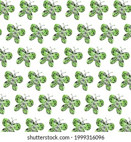 Seamless pattern of green butterfly on white background.