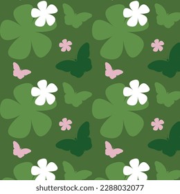 Seamless pattern of a green butterfly with a white and pink flower on green grass background, graphic design print, vector illustration