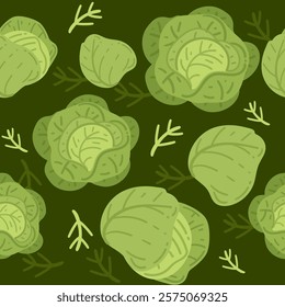 Seamless pattern of green cabbage heads on a dark green background. Ideal for healthy food branding or agricultural visuals. Vector illustratio