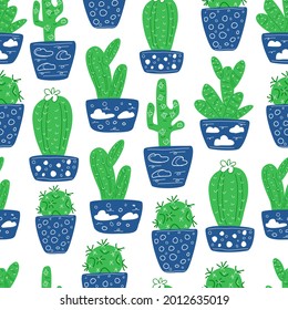 Seamless pattern with green cacti in blue pots with clouds.