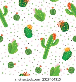 Seamless pattern with green cacti. Cactus and succulents background. Plants with blossom and thorns. Decor textile, wrapping paper, wallpaper design. Cute childish print. Vector concept