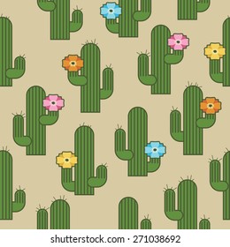 seamless pattern of green cactus with flowers