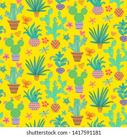 Seamless pattern with green cactus on yellow background, vector hand drawn texture