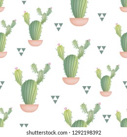 Seamless Pattern with Green Cactus in  Pot isolated on white background. Tropical Succulent and Flowering Plant. Mexican Style. Vector illustration for Your Design, Wrapping Paper, Wallpaper.