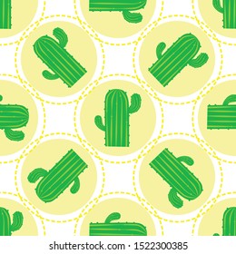 Seamless pattern of green cactus in yellow circles on a white.