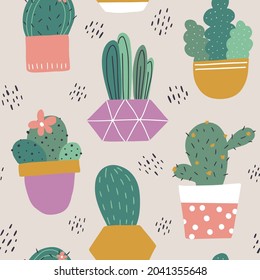 Seamless pattern of green cactuses in pots. Vector illustration. Every element is isolated on beige background. Print of planner, bullet journal, decor for children’s room, textile. Flat style.