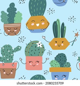 Seamless pattern of green cactuses in pots. Funny characters. Vector illustration is on blue background. Print of planner, bullet journal, decor for children’s room, textile, banner. Flat style.