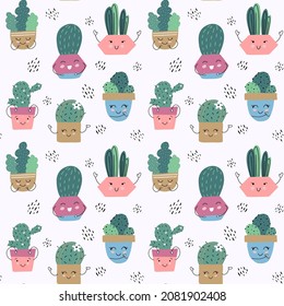 Seamless pattern of green cactuses in pots. Funny characters. Vector illustration is on white background. Print of planner, bullet journal, decor for children’s room, textile, banner. Flat style.