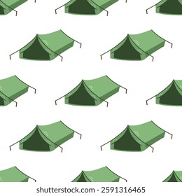 Seamless pattern with green camping tents in flat style on white background

