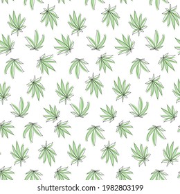 Seamless pattern with green cannabis leaf on white background. Flat Art Vector illustration.