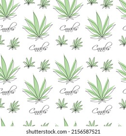 Patrón sin foco con hoja de cannabis verde sobre fondo blanco. Ilustración del vector de arte plano.