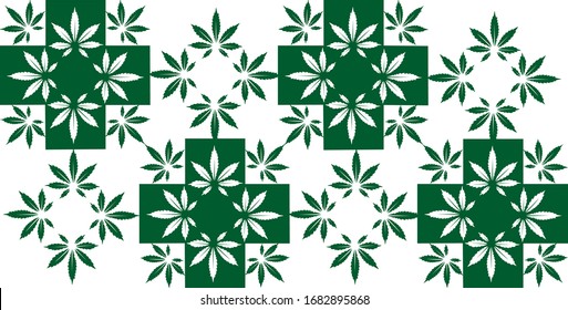  Cannabis nahtloses Muster. Weißer Hintergrund mit grünen Cannabisblättern und grünen Kreuzen mit weißen Cannabis-Blättern. Kann für Hintergrund, Muster, Textilindustrie verwendet werden. Vektorillustration, handgefertigt
