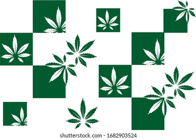 Seamless pattern with green cannabis leaves and squares on white background. Hand drawn vector illustration