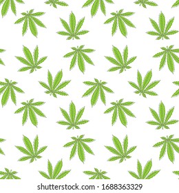 Patrón transparente con hojas verdes de cannabis. Estilo Doodle. Ilustración vectorial.