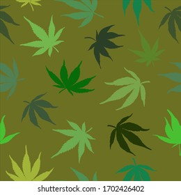 Patrón transparente de hojas verdes de cannabis en un fondo marrón. Hojas de cáñamo verdes. Ilustración de vectores.El patrón transparente de hoja de cannabis en un fondo negro.Patrón marihuana