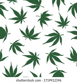 Nahtlose Muster grüner Cannabisblätter auf weißem Hintergrund. Grüne Hanfblätter. Vektorgrafik.Nahtlose Marihuana-Muster