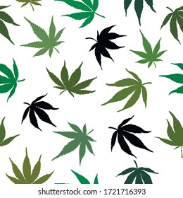 Nahtlose Muster grüner Cannabisblätter auf weißem Hintergrund. Grüne Hanfblätter. Vektorgrafik.Nahtlose Marihuana-Muster