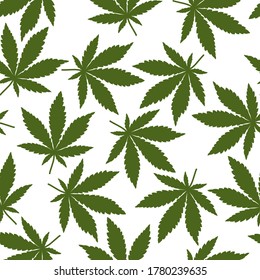 Seamless pattern of green cannabis leaves on a white background. Marijuana green leaf. Vector illustration.