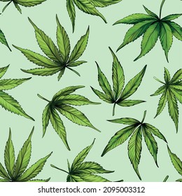 Seamless pattern of green cannabis leaves on a green background. Vector illustration 