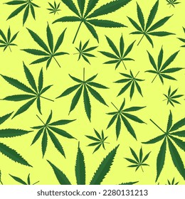 Patrón sin foco con hojas de cannabis verdes sobre un fondo verde claro.