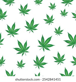 Patrón sin fisuras con hojas de cannabis verde. Ilustración vectorial de estilo de color verde aislada en Fondo de pantalla blanco. Ideal para fondos, telas, papel de embalaje y embalaje.