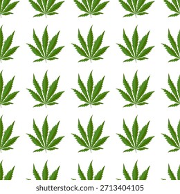 Patrón sin fisuras con hojas de cannabis verde sobre un fondo blanco limpio, adecuado para temas de cannabis medicinal, diseño farmacéutico, embalaje, textiles y proyectos botánicos.