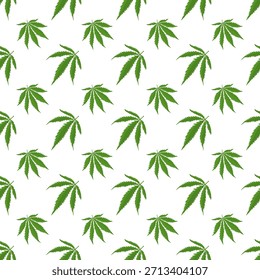 Seamless pattern with green cannabis leaves on a clean white background, suitable for medical cannabis themes, pharmaceutical design, packaging, textiles and botanical projects.