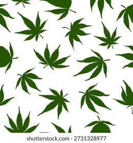 Patrón sin fisuras de hojas de cannabis verde sobre un fondo blanco. Hojas de cáñamo verde. Ilustración vectorial. Patrón sin fisuras de la marihuana