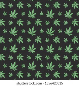 A seamless pattern of green cannabis or marijuana leaves over black background.