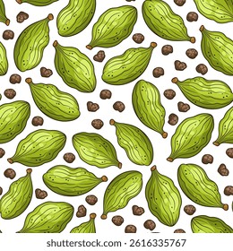 Seamless pattern with green cardamom seeds, vector hand-drawn illustration