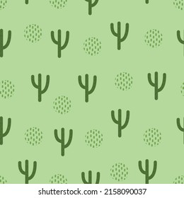 seamless pattern green cartoon cacti on green background. dry plant in the desert. cute funny cacti, pattern for textile, wallpaper, fabric, wrapping paper