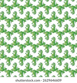 Seamless Pattern of Green Cartoon Dinosaurs on a White Background