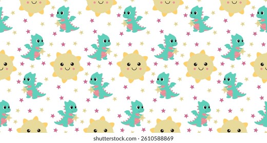 Seamless pattern with a green cartoon dragon holding a star, smiling yellow suns, and colorful stars on a white background. Bright and playful illustration in a flat style