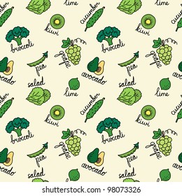 Seamless pattern with green cartoon fruits and vegetables