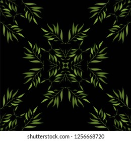 Seamless pattern of green cartoon leaves and twigs. Vector