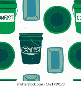 Seamless pattern with green cartoon style composting bins. Repeating texture with flat style containers with tops for garbage segregation. Backdrop with rounded and four squared trash buckets. Vector