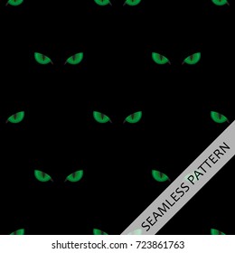 seamless pattern with green cat eyes on black background