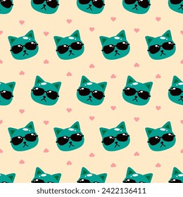 seamless pattern of green cat face wearing black colored glasses, and heart on pastel light yellow background, vector, illustration