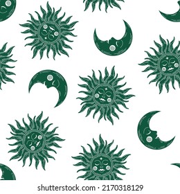 Seamless pattern with green celestial design.