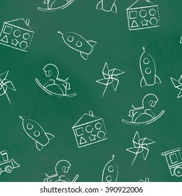 Seamless pattern  green chalk board with white children's chalk drawings. Hand-drawn style. Seamless vector wallpaper with the image of  rocking horse, rocket, locomotive, whirligig