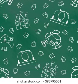 Seamless pattern green chalk board white color children's chalk drawings. Hand-drawn style. Seamless vector wallpaper with the image of Helicopter, puzzle, a maze, a castle, a joystick