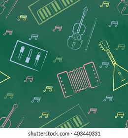 Seamless pattern green chalk board with color children's chalk drawings. Hand-drawn style. Seamless vector wallpaper with the image of musical instruments  piano, balalaika, mixer, violin bow, note