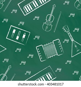 Seamless pattern green chalk board with white children's chalk drawings. Hand-drawn style. Seamless vector wallpaper with the image of musical instruments  piano, balalaika, mixer, violin bow, note