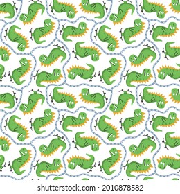 Seamless pattern with green cheerful green dinosaur riding skateboard on white background