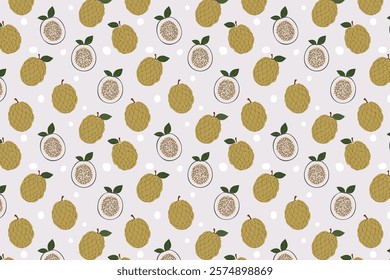 Seamless pattern with green cherimoya and its slices. Green fruit vector illustration.