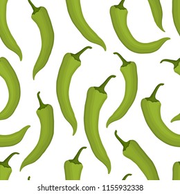 Patrón sin inconvenientes con pimientos de chile verdes sobre un fondo blanco. Impresión vegetal. Ilustración del vector