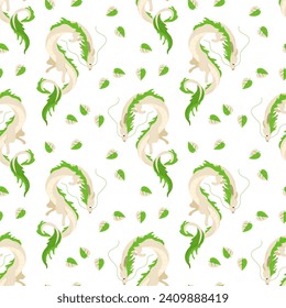 Seamless pattern with green Chinese dragons and leaves. Bright cartoon ornament. Symbol of Chinese New Year 2024. Dragons for asian holiday template. Vector illustration on isolated background