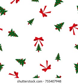 Seamless pattern green Christmas fir trees big and small, red balls and bows on white background, vector, eps 10