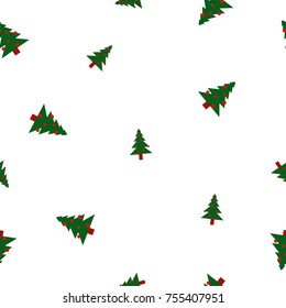 Seamless pattern green Christmas fir trees big and small with red balls on white background, vector, eps 10